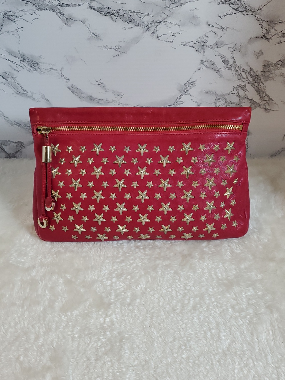 Jimmy Choo Zena Star Studded Stylish Pink Clutch with Gold Star Accents EUC